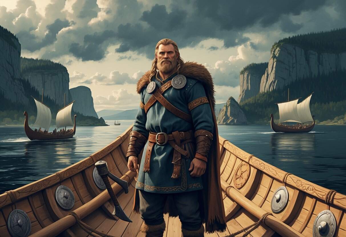 A Viking warrior stands on a longship deck near a European coastline with other ships and settlements in the distance.