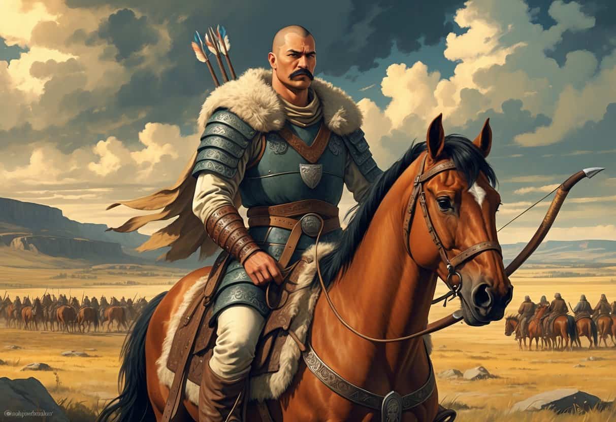 A warrior leader on horseback wearing traditional armor, overlooking a vast open landscape with a camp of warriors in the distance.