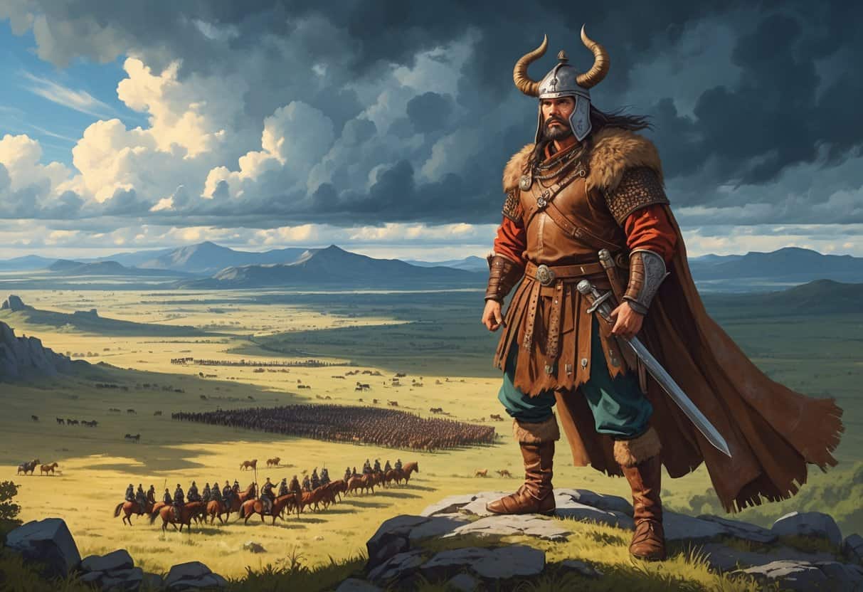 Attila the Hun standing on a hill overlooking a large camp of warriors and horses on a vast steppe under a dramatic sky.