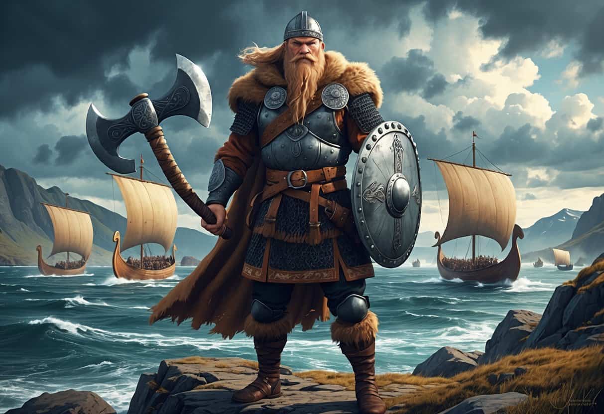 A Viking warrior standing on a rocky shore with stormy seas and longships in the background.