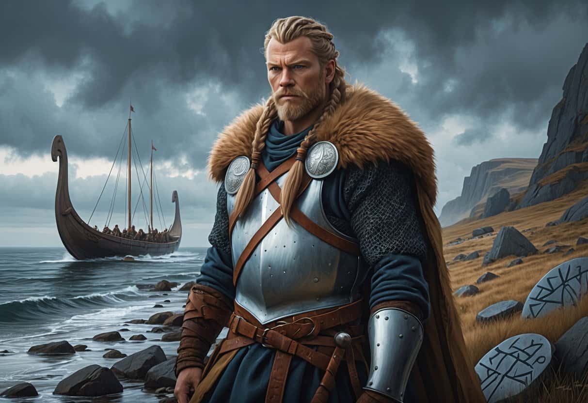 A Viking warrior stands on a rocky shore with a longship behind him, surrounded by shields and axes, under a cloudy sky.