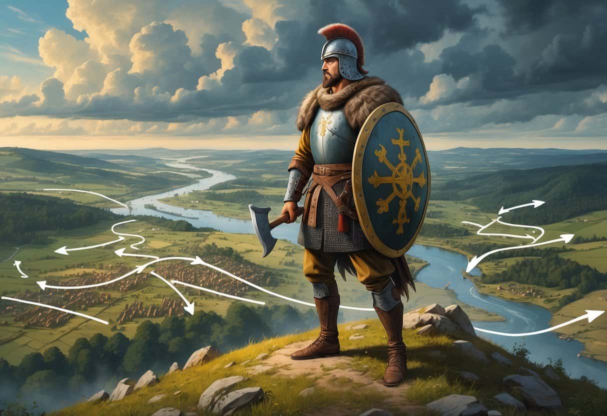Attila the Hun standing on a hill overlooking ancient European lands with moving tribes and settlements in the background, symbolizing his impact on history.