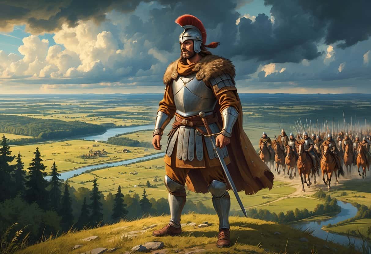 Attila the Hun stands on a hill with his army of horsemen advancing across a vast European landscape, showing his leadership during the rise of the Hunnic Empire.