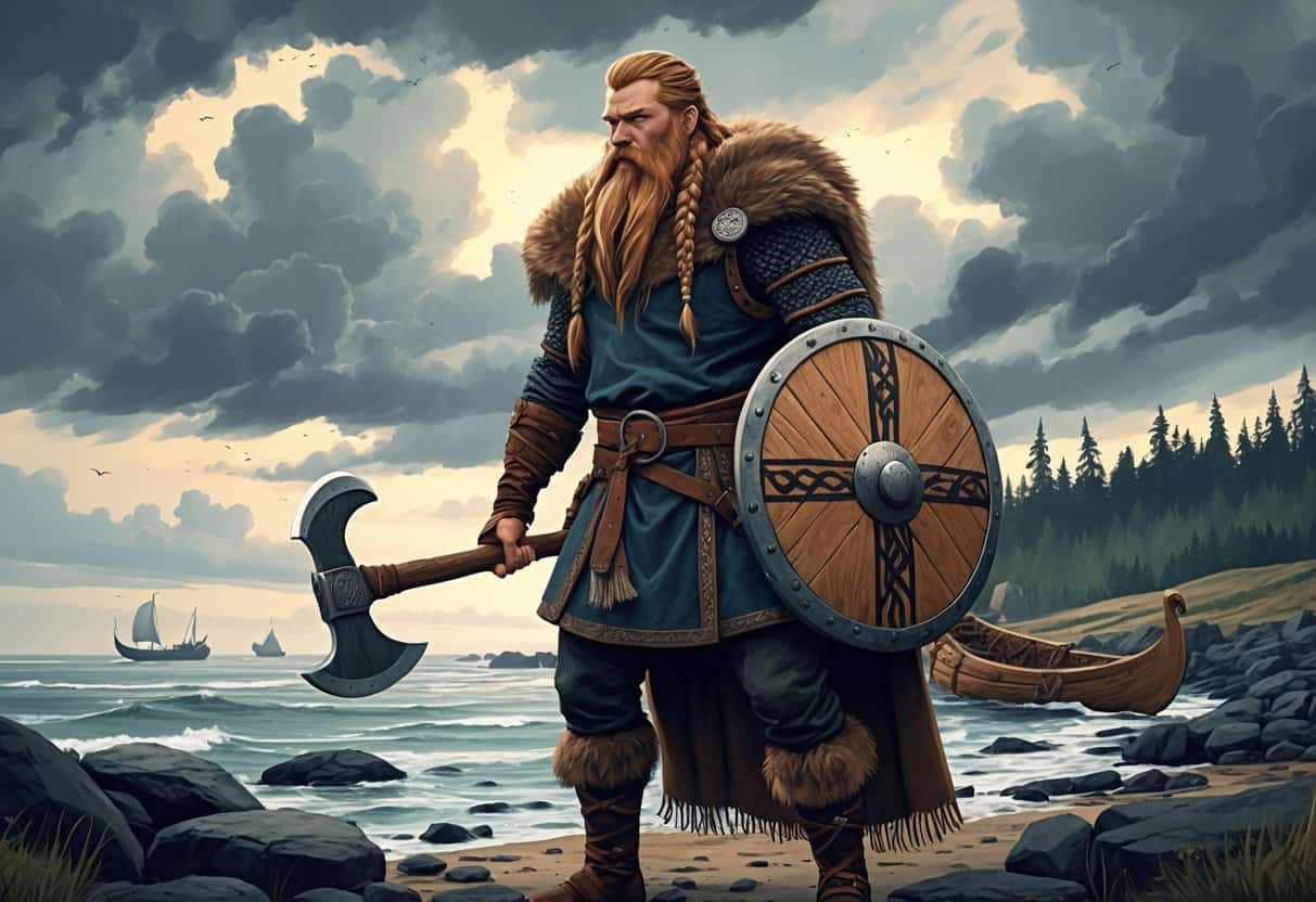 A Viking warrior standing on a rocky shore with a shield and axe, a longship and village visible in the background under a cloudy sky.