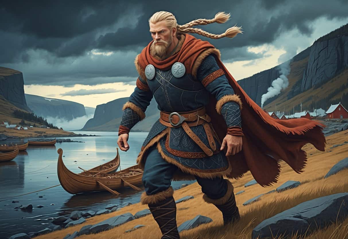 A Viking warrior with braided hair and fur clothing stands in a rugged Nordic landscape with fjords and wooden ships in the background.
