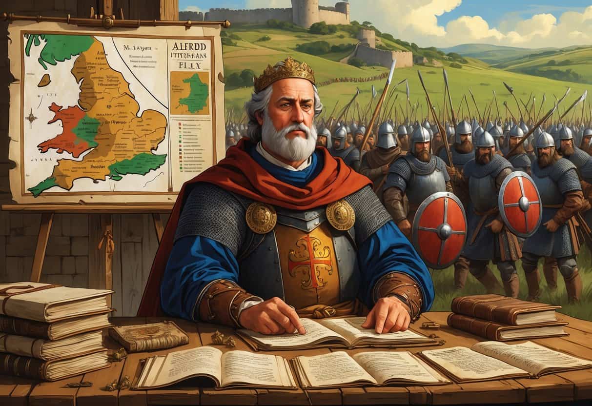 Alfred the Great seated at a table with ancient scrolls and a map, while warriors fight in the background near a fortress.