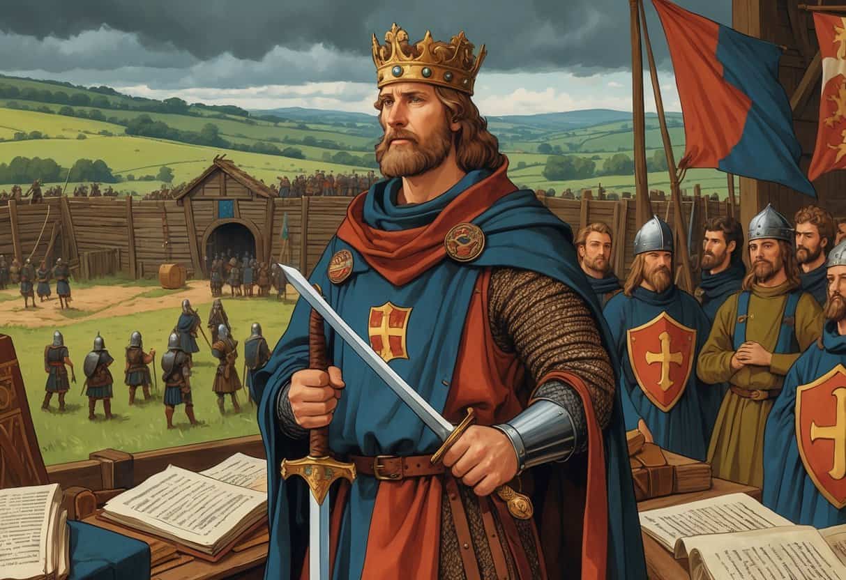 Alfred the Great stands in medieval attire holding a sword, with soldiers preparing for battle and scholars studying scrolls nearby, set against a fortified settlement and rolling hills.