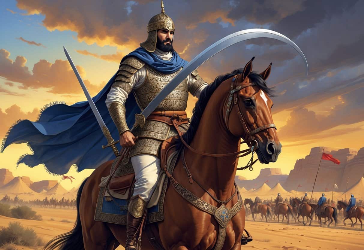 A mounted commander in historical armor holding a raised curved sword on a desert battlefield with tents and banners at dawn.