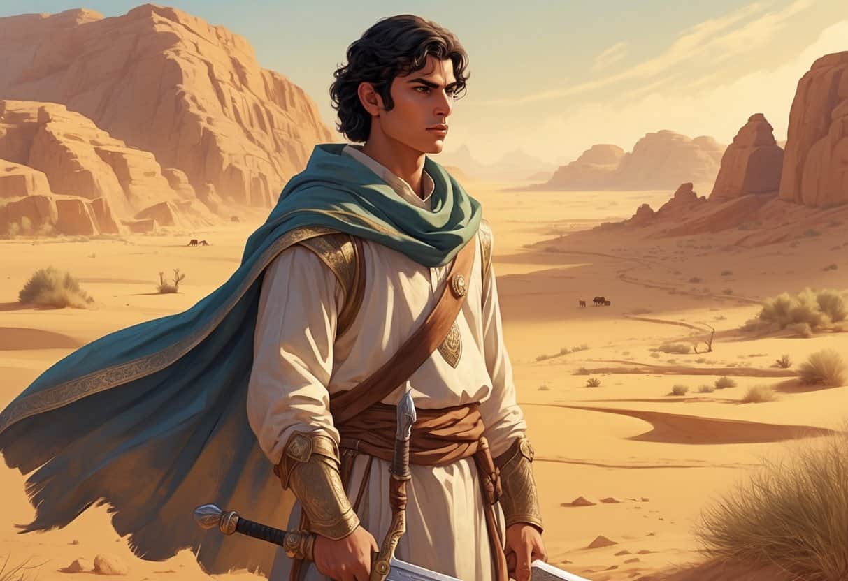 A young Arabian warrior standing in a desert landscape, looking thoughtful and determined, symbolizing his early life and spiritual transformation.