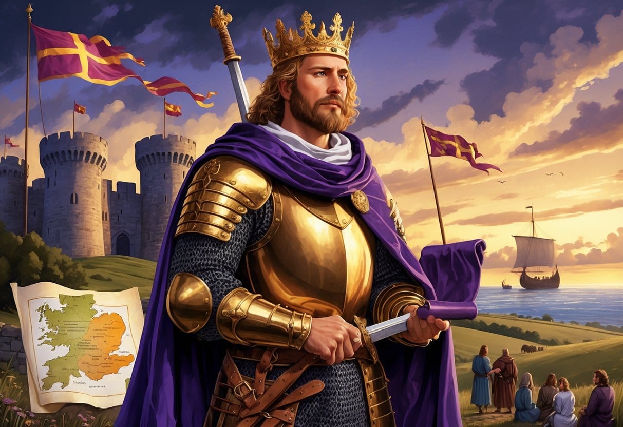 King Alfred the Great in armor holding a sword and scroll, standing before a castle with scholars nearby and a Viking ship in the distance.