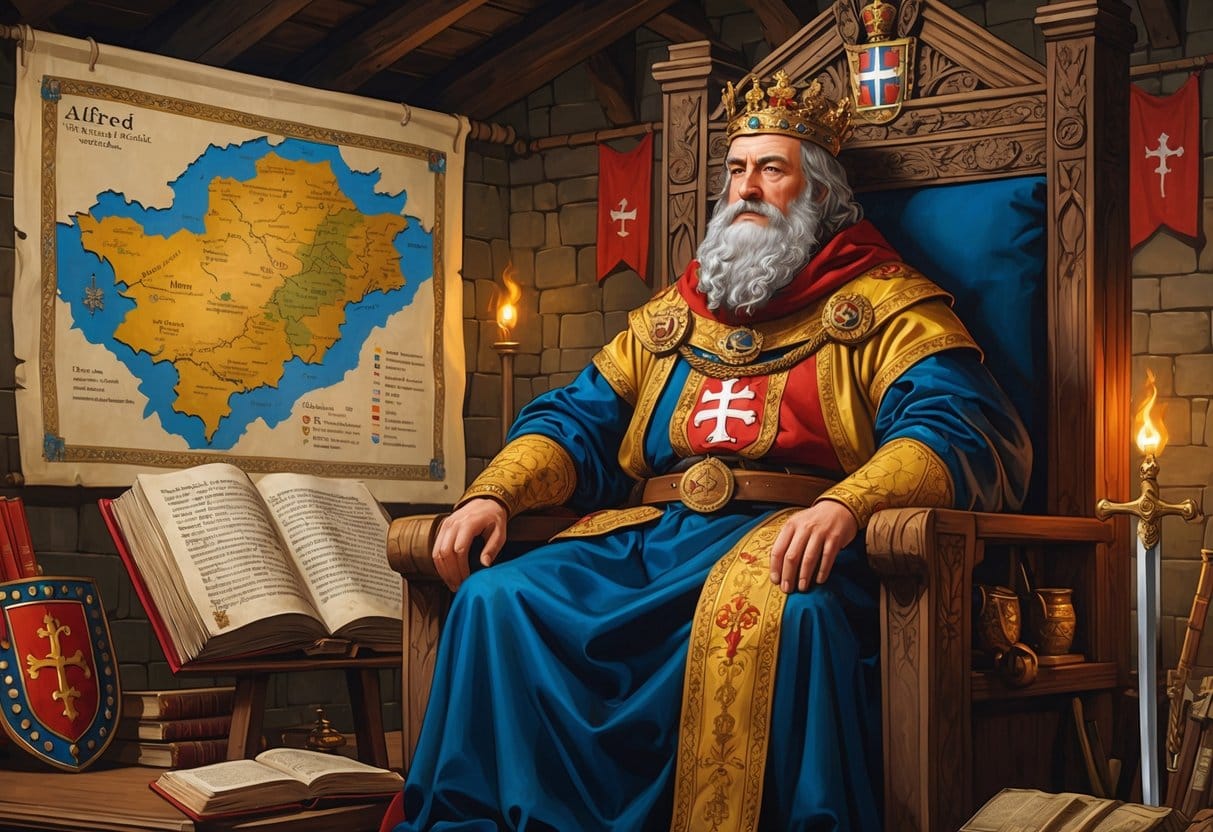 Alfred the Great seated on a throne with a crown and royal robes, surrounded by symbols of his achievements including a manuscript, sword, and shield, with a medieval hall and map in the background.
