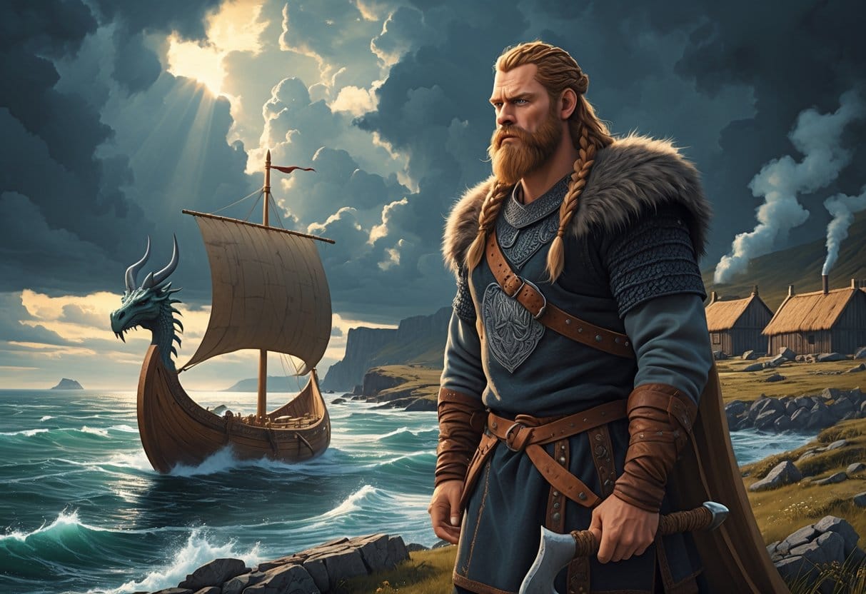 A Viking warrior stands on a rocky shore with a longship in the water and a village in the background under a dramatic sky.