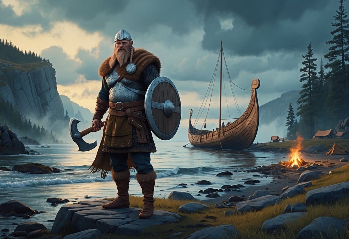 A Viking warrior stands on a rocky shore at dawn with a longship behind him, surrounded by forests and mountains.