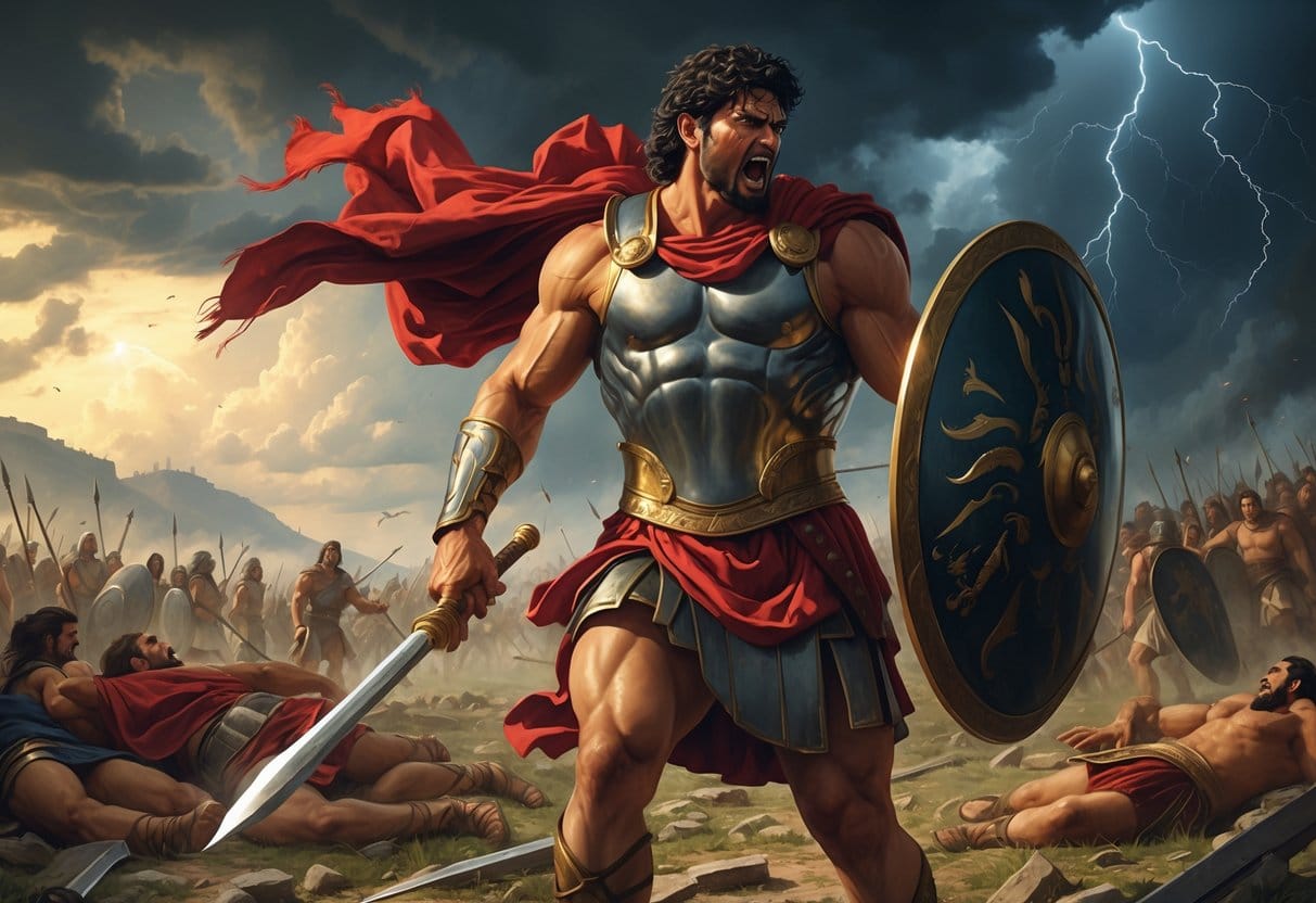 Achilles in ancient armor stands angrily on a battlefield with fallen warriors and fighting soldiers in the background under a stormy sky.