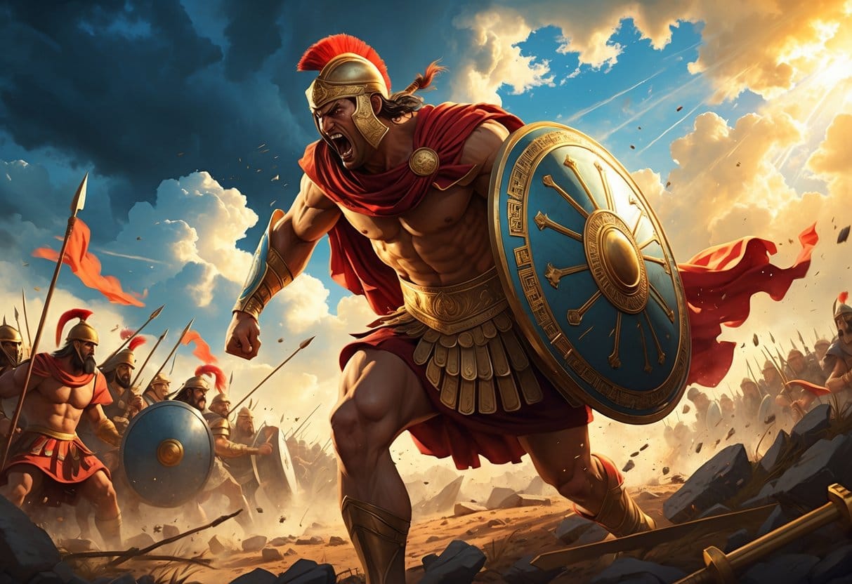 Achilles in ancient Greek armor on a battlefield, showing fierce anger with fallen warriors and weapons around him under a stormy sky with sunlight breaking through.