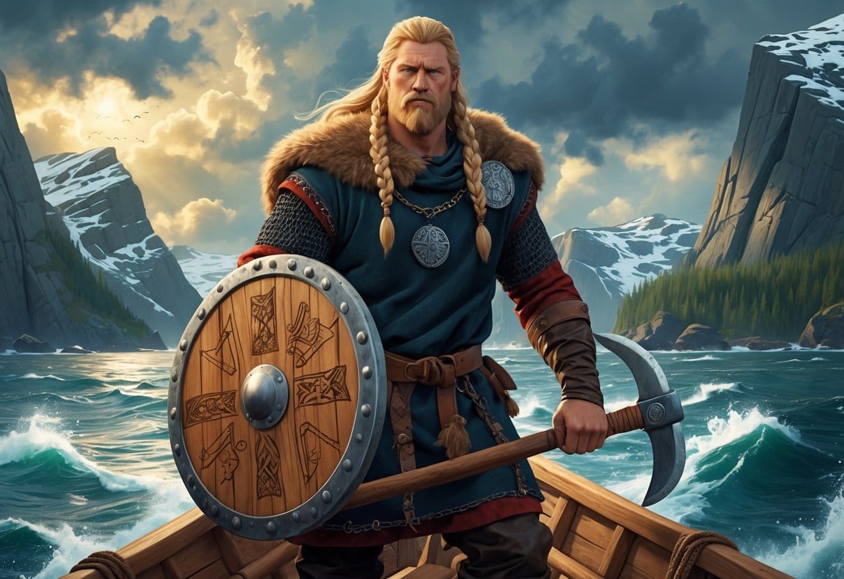 A Viking warrior with braided blond hair and a beard stands on a longship holding a shield and axe, with rugged fjords and cloudy skies in the background.