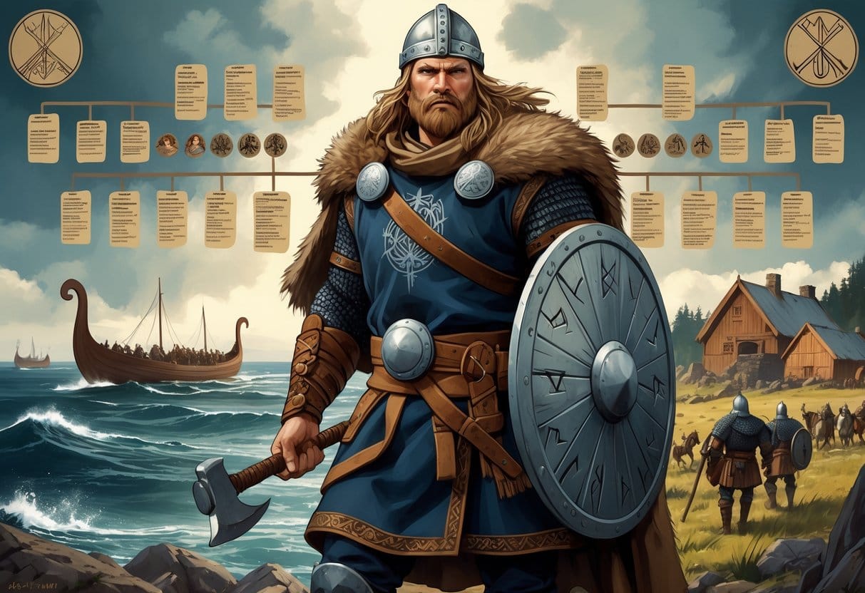 A Viking warrior standing with a battle axe and shield, surrounded by scenes of Viking ships, a Nordic village, and a family tree in the background.