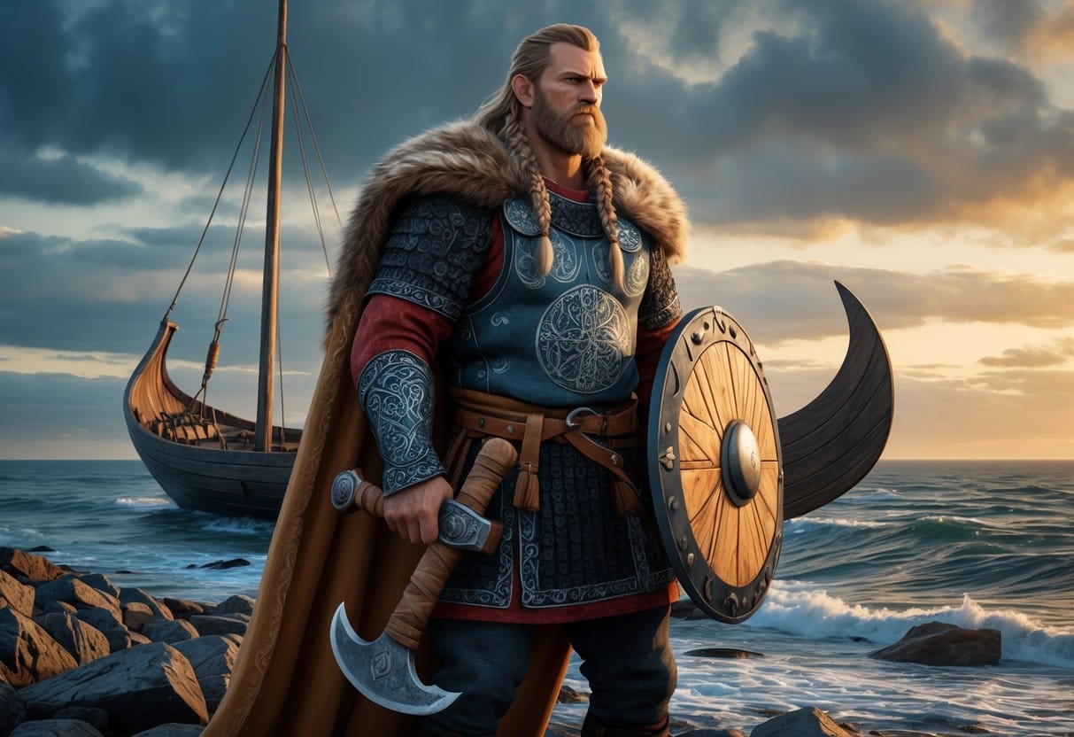 A Viking warrior standing on a rocky shore near a longship, holding an axe and shield, with a cloudy sky and sea in the background.
