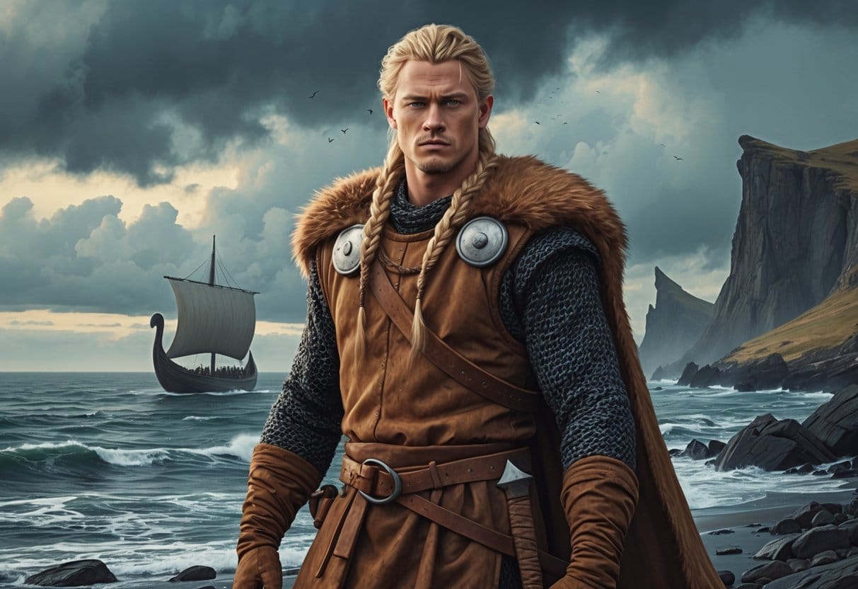 A Viking warrior stands on a rocky shore with a longship behind him and a faint figure of an older man in the background, set against a rugged coastal landscape.