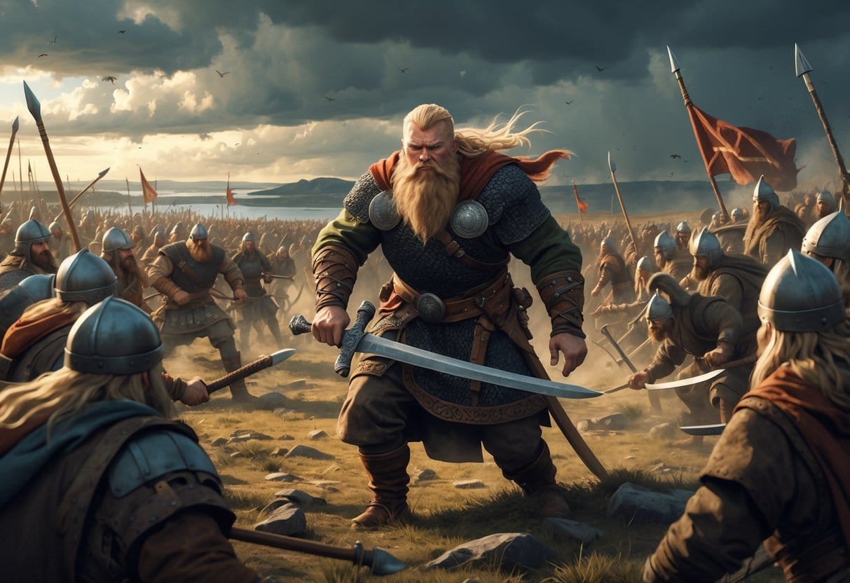 A Viking warrior leading his troops on a stormy battlefield, surrounded by fighting warriors and rugged Nordic scenery.