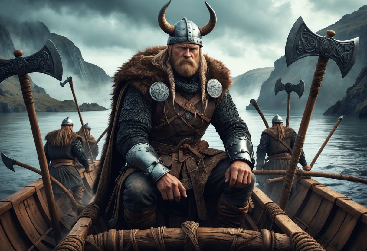 Ivar the Boneless sitting on a Viking longship surrounded by Viking warriors preparing for battle in a misty fjord landscape.