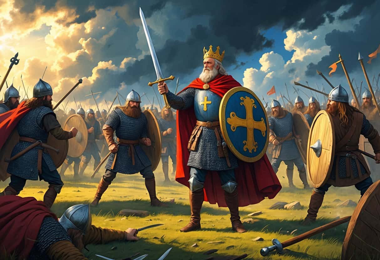 Alfred the Great leads Anglo-Saxon soldiers in battle against Viking warriors on a battlefield with a dramatic sky overhead.