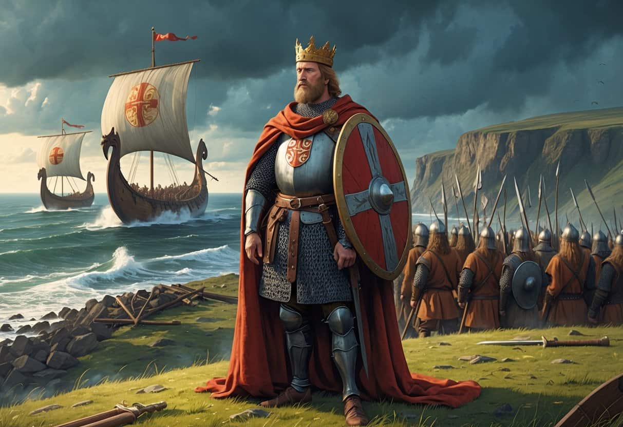 Alfred the Great stands on a hill with armor and weapons, watching Viking ships approach the shore as soldiers prepare for battle.