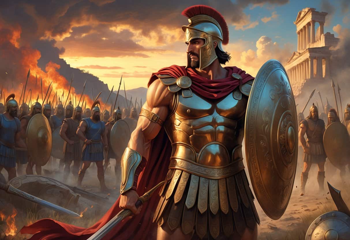 Achilles stands on a battlefield near the burning city of Troy, wearing bronze armor and a red cape, with ancient weapons scattered around.