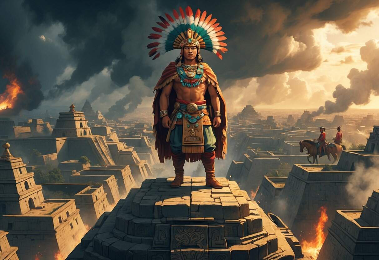 Cuauhtémoc standing on a hill overlooking the ancient city of Tenochtitlan during its fall, with warriors and smoke rising from the city.
