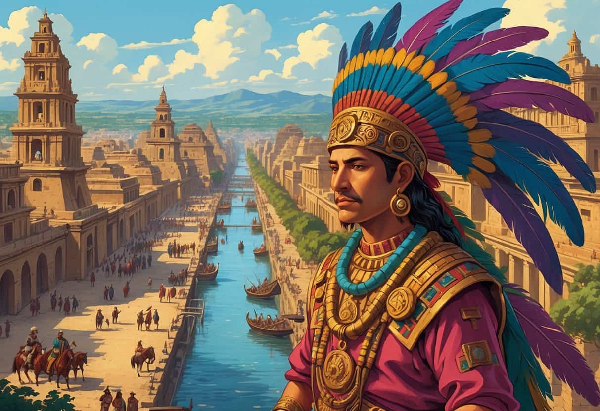 The Aztec emperor Cuauhtémoc stands in front of the grand city of Tenochtitlan, with temples and canals visible, while distant Spanish conquistadors approach.