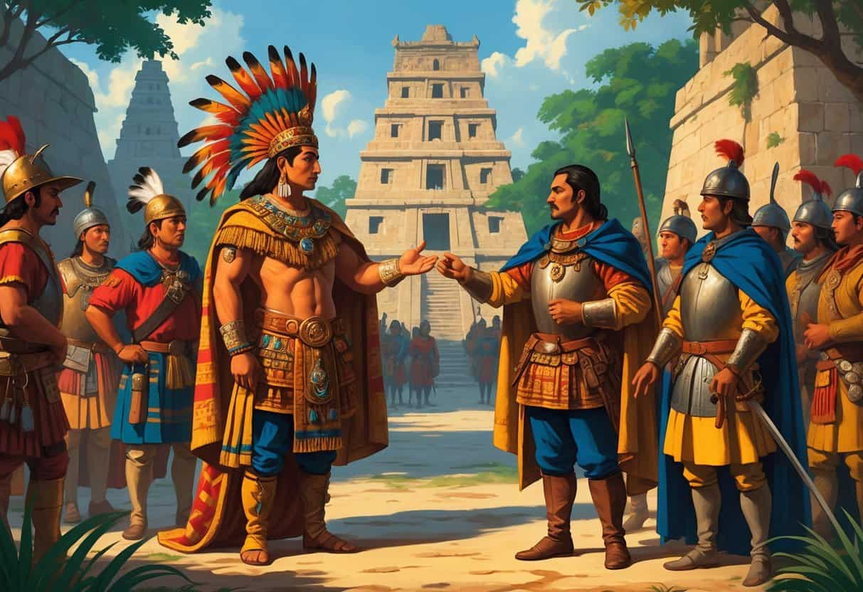 Montezuma II meeting Hernán Cortés in the Aztec capital, surrounded by Aztec nobles and Spanish soldiers.