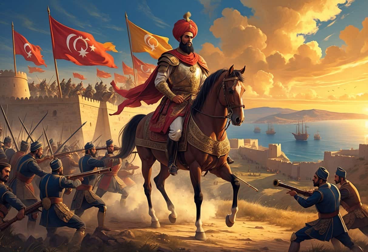 Suleiman the Magnificent on horseback leading Ottoman soldiers in battle near a fortified city with hills and a sea in the background.