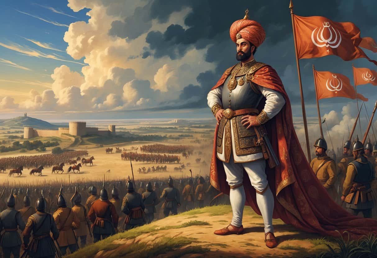 Suleiman the Magnificent standing on a hill overlooking a large battlefield where Ottoman soldiers are engaged in battle, with banners and fortresses in the background.