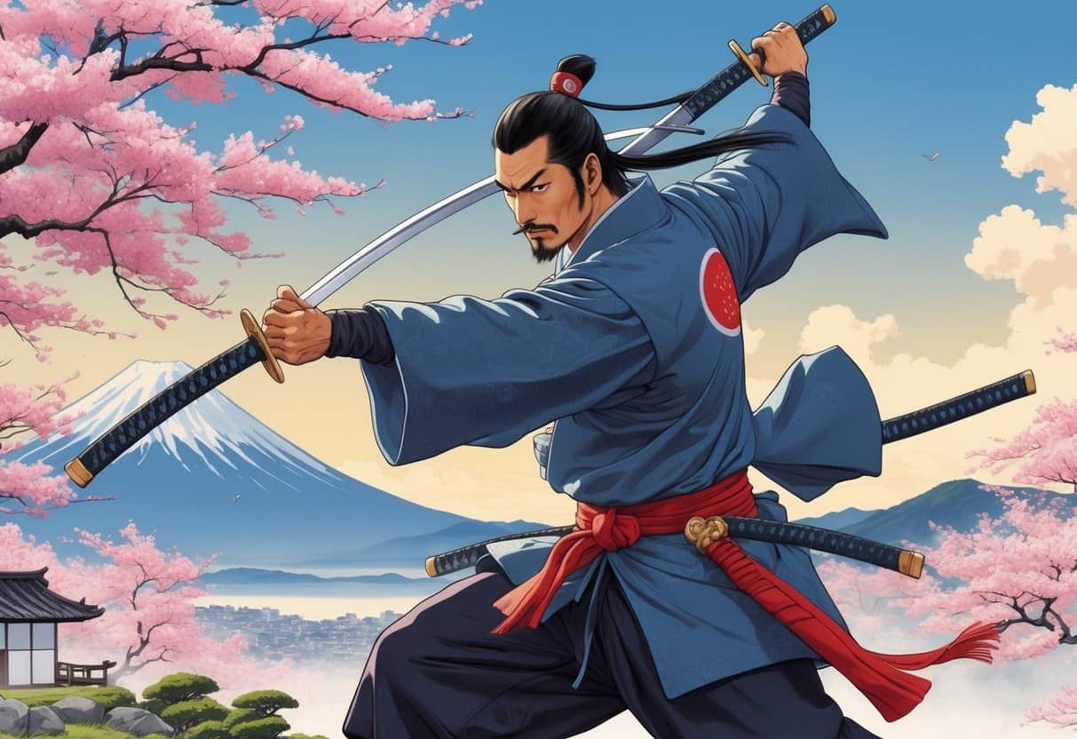 A Japanese swordsman holding two katanas stands in a peaceful outdoor setting with cherry blossom trees and Mount Fuji in the background.