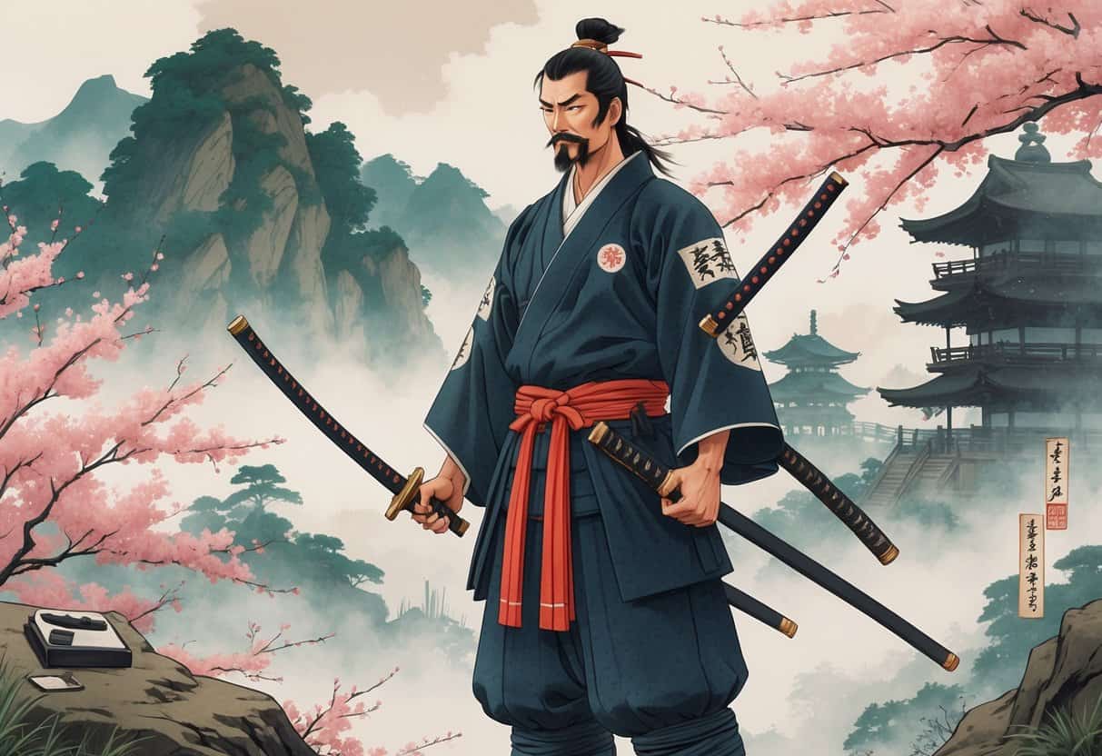A samurai warrior holding two swords stands in a misty mountain landscape with cherry blossoms and a distant temple.