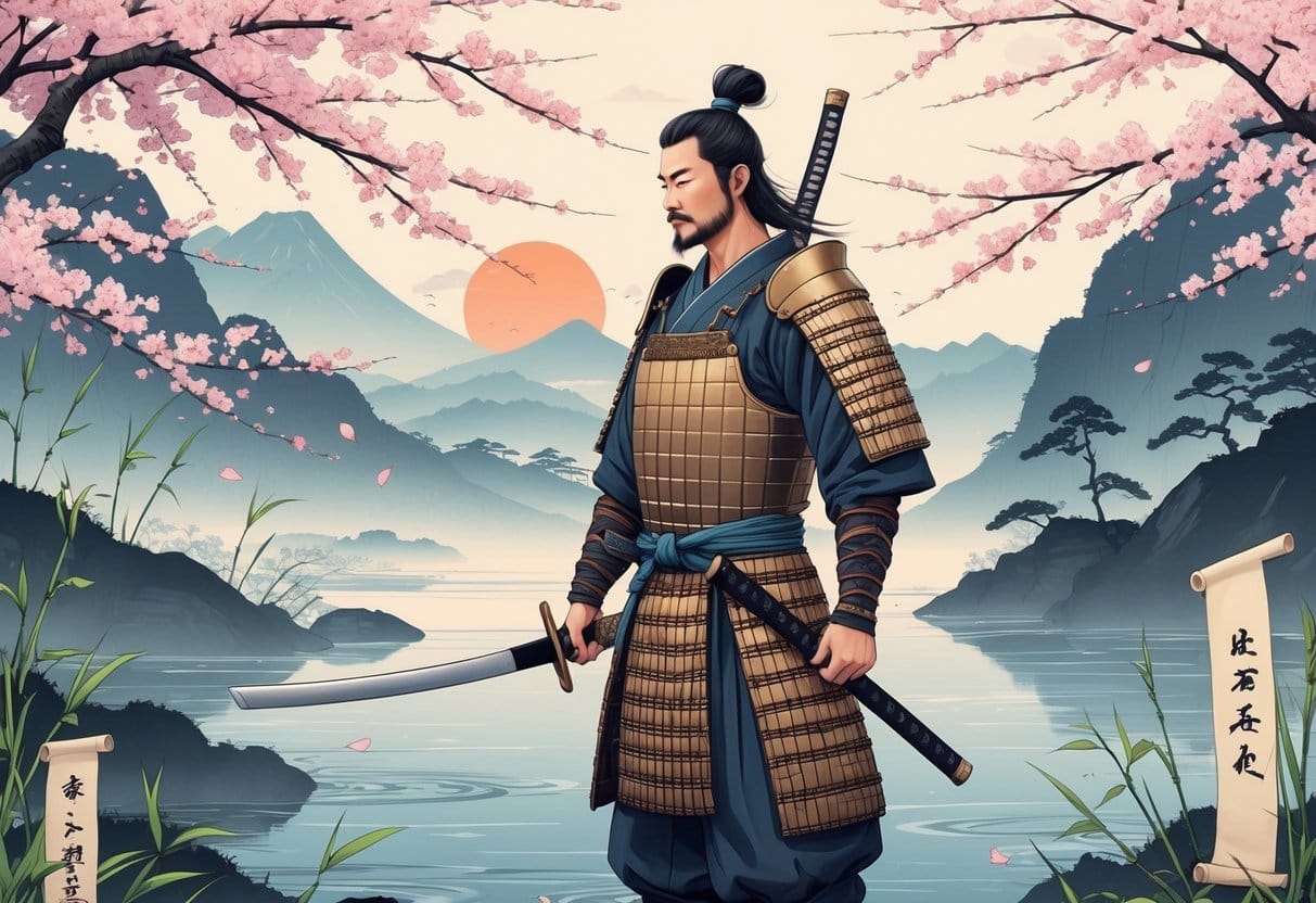 A samurai warrior stands holding a katana sword in a peaceful Japanese landscape with cherry blossoms, mountains, and a river.