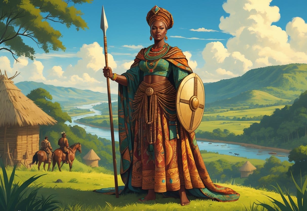 A strong African queen dressed in traditional royal clothing stands on a hill holding a spear and shield, overlooking a lush landscape with forests and mountains.