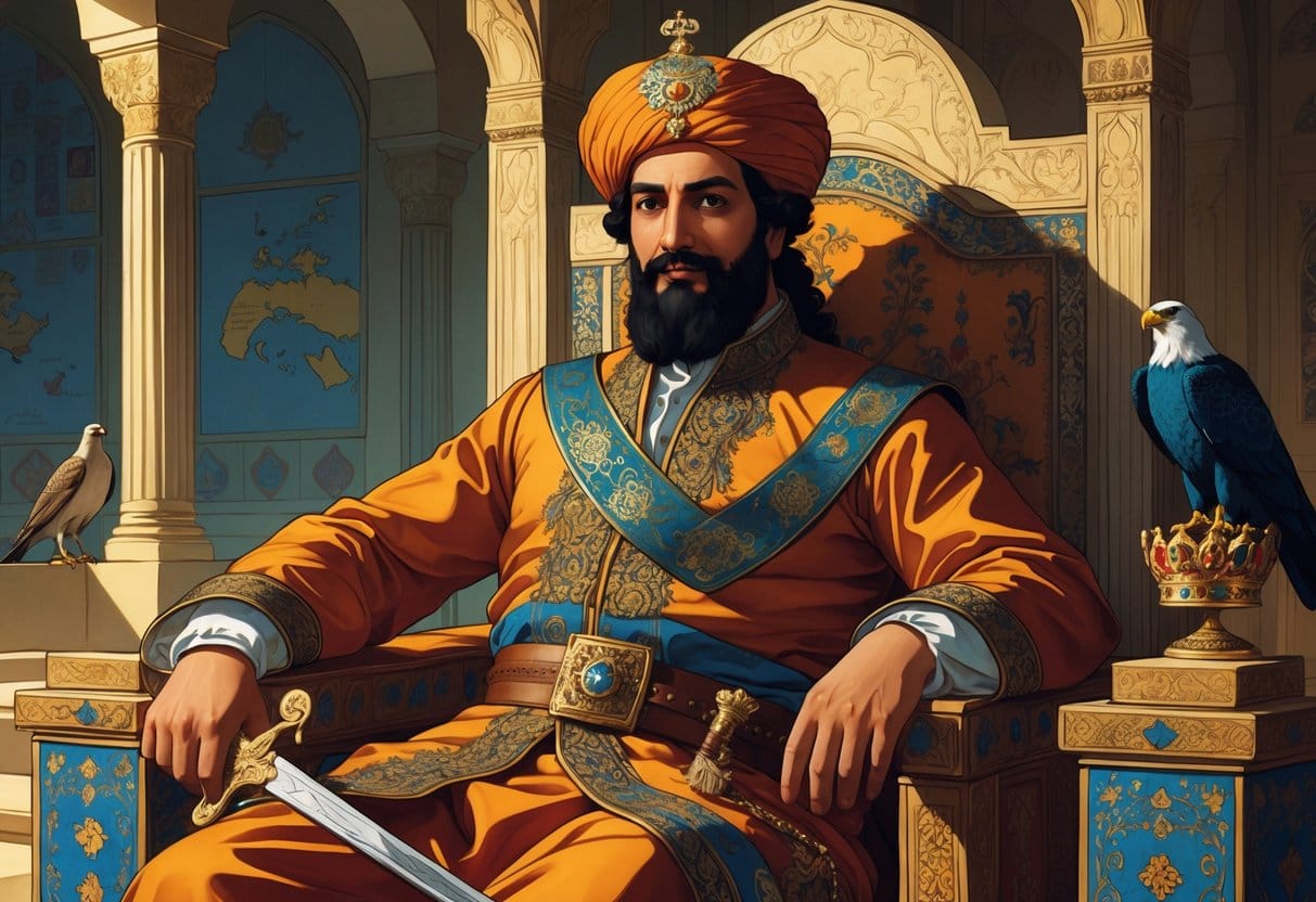 A portrait of Nader Shah seated on a throne in a grand palace, wearing royal clothes and holding a ceremonial sword.