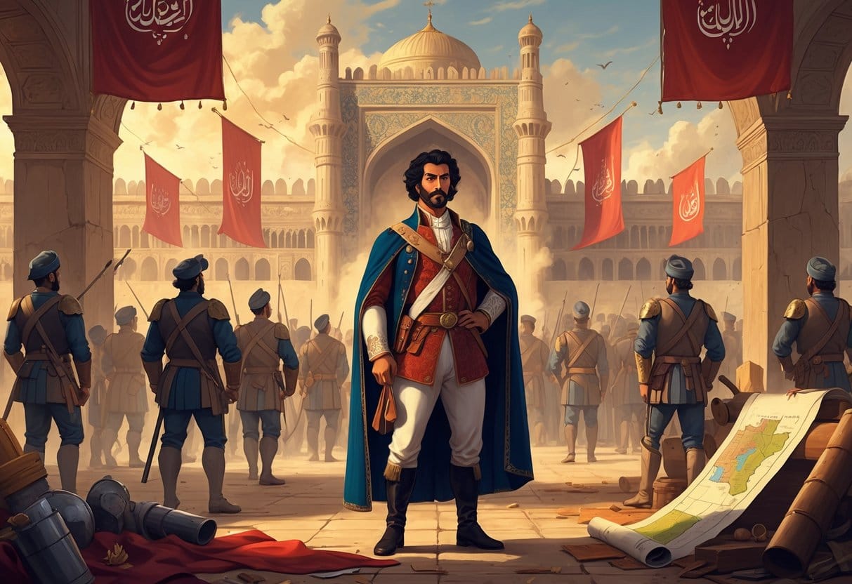 A young man in traditional Persian clothing stands confidently in front of a grand palace with soldiers and maps around him, symbolizing his rise to power.