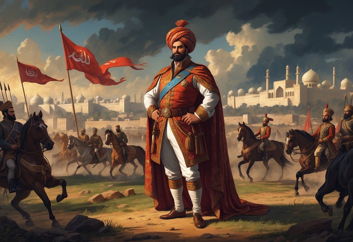 A commanding figure of Nader Shah in royal attire stands on a battlefield with soldiers and horses, a grand Persian city in the background under stormy skies.