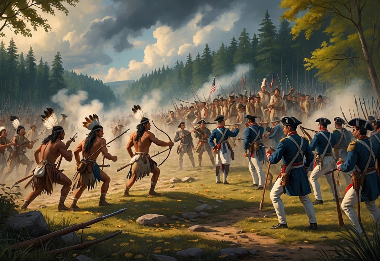 A battle scene showing Native American warriors and American soldiers fighting in a forested area with smoke rising and leaders directing their troops.