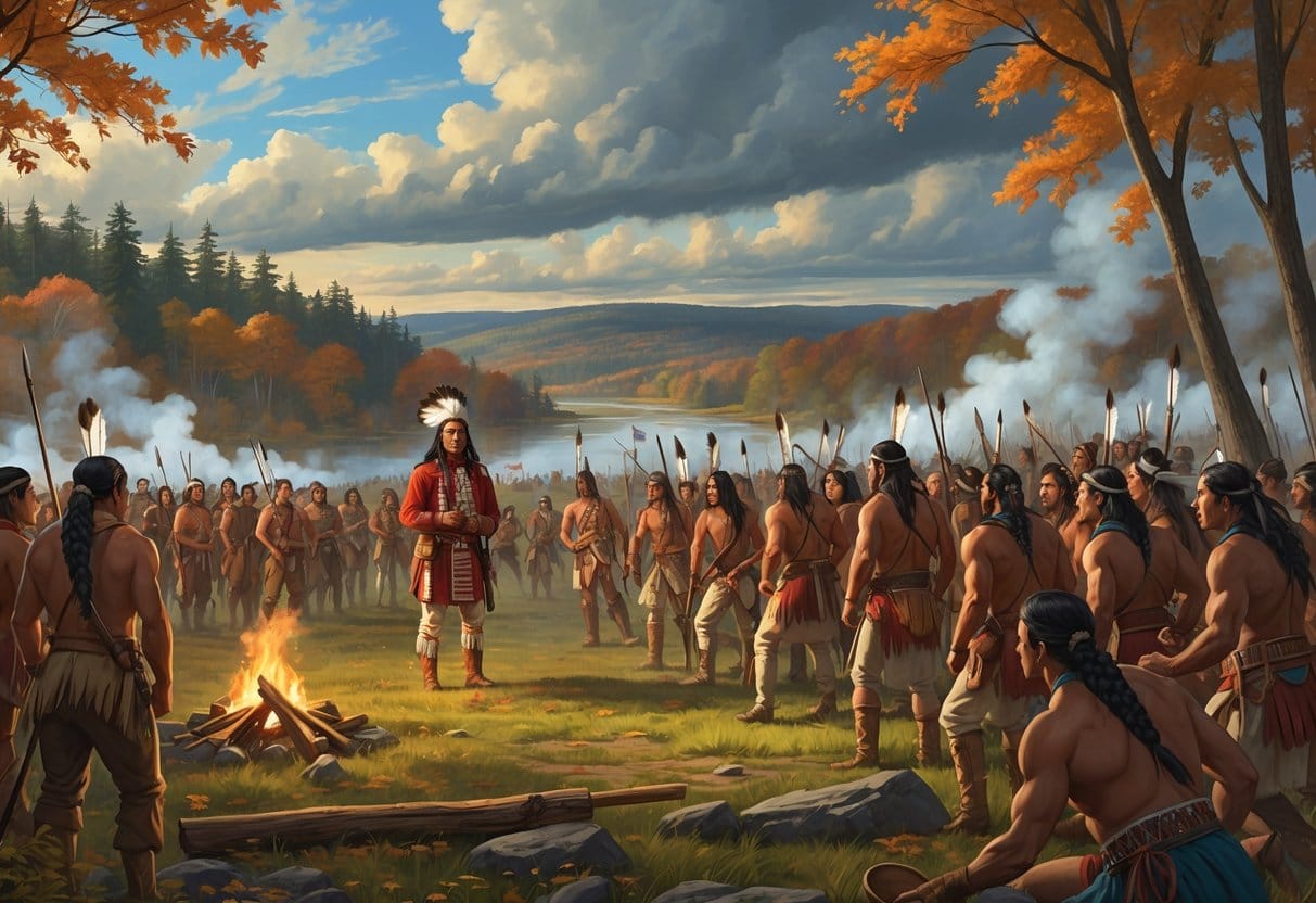 A Native American leader stands with warriors in a forested area as a battle between Native Americans and soldiers takes place nearby.