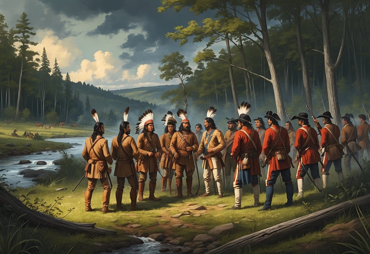 Native American warriors and American militia soldiers in a forest during the Black Hawk War, preparing for battle near a river and hills.