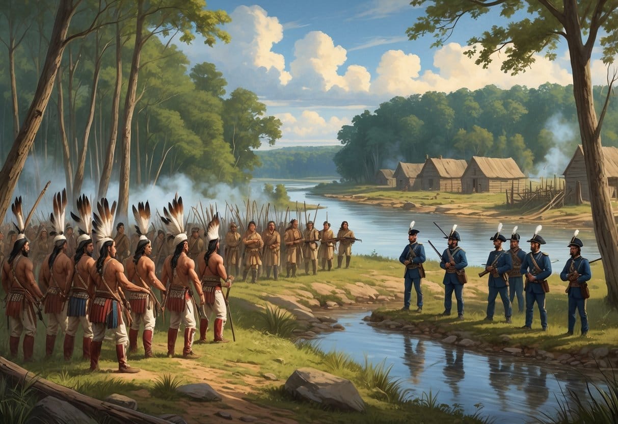 Native American warriors and U.S. militia soldiers facing each other in a forested frontier landscape near a river, preparing for battle.