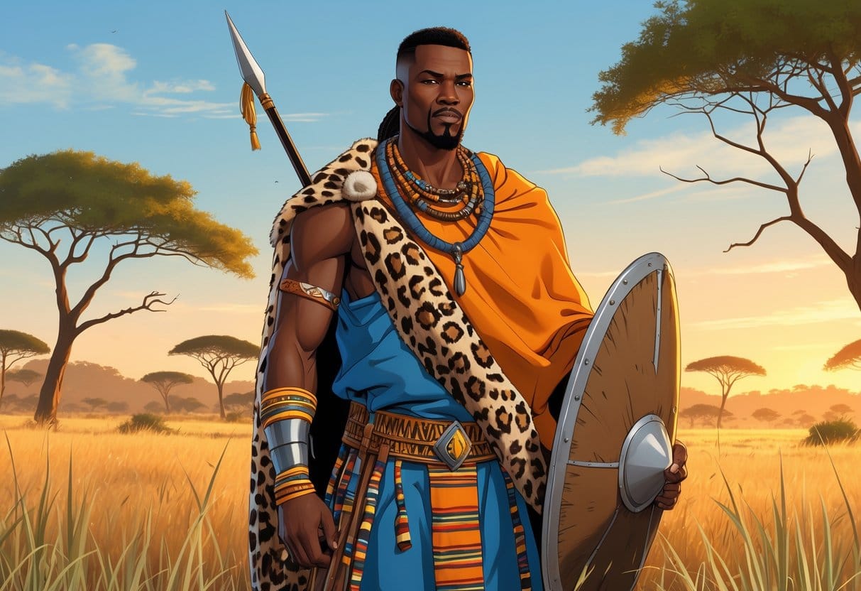 Shaka Zulu standing in African savanna wearing traditional warrior attire, holding a spear and shield.