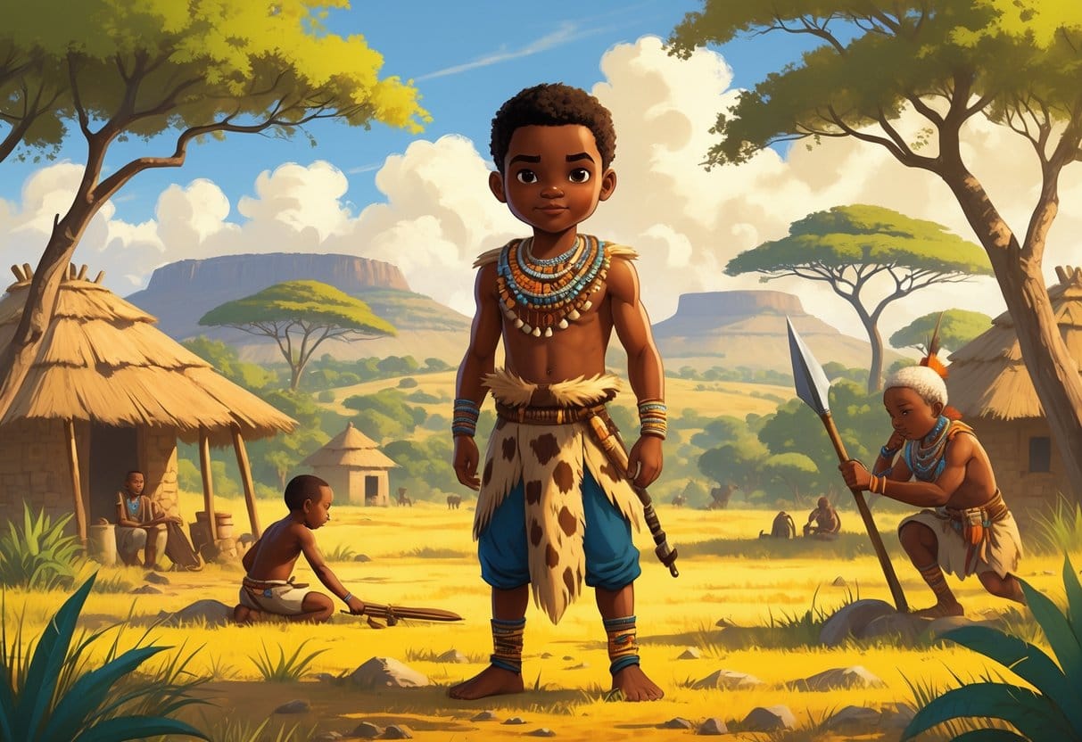 A young Shaka Zulu in traditional clothing standing in an African savanna near a village, surrounded by elders and a young warrior practicing spear skills.