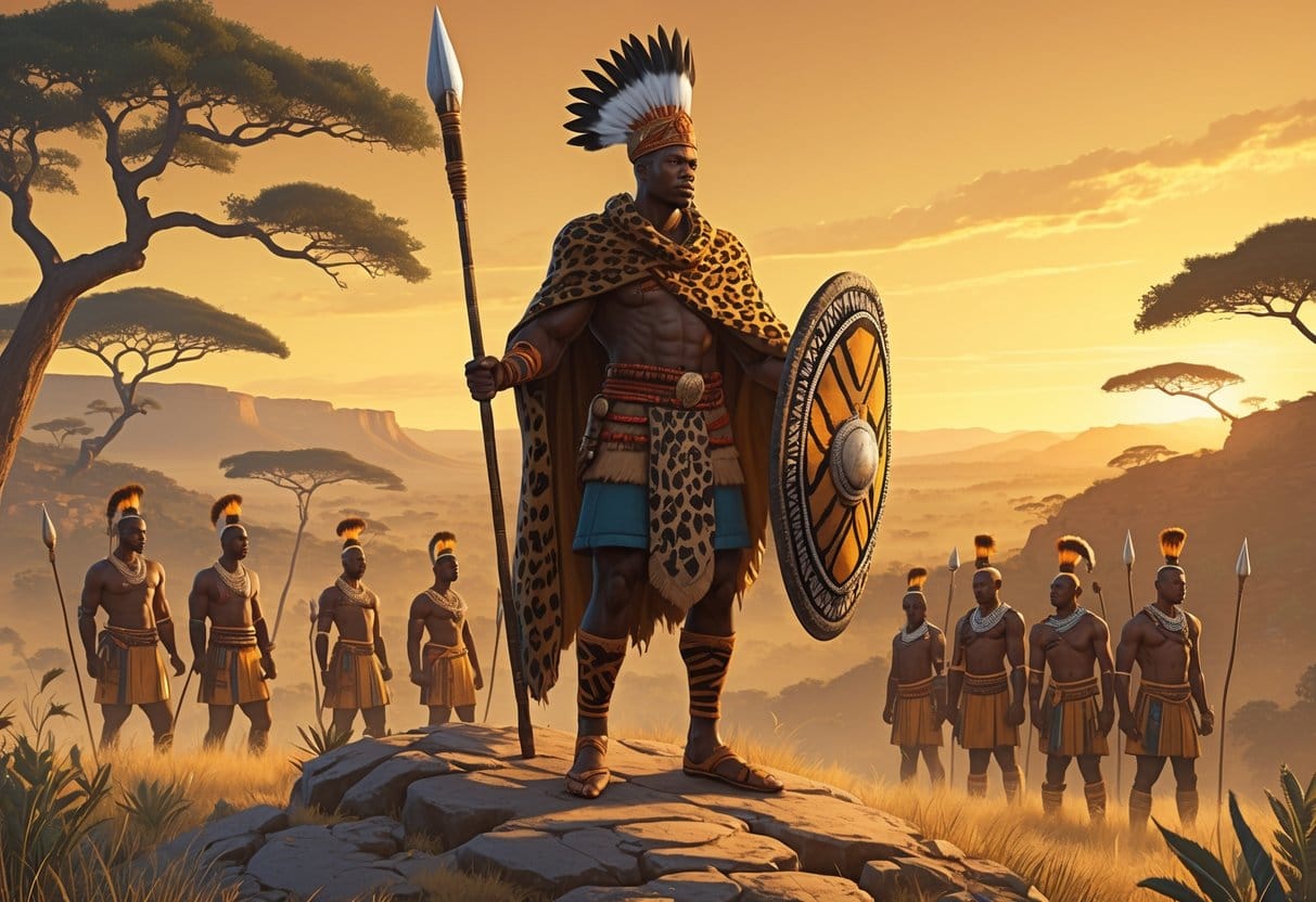 Shaka Zulu standing on a hill holding a spear and shield, surrounded by warriors with an African landscape at sunrise in the background.