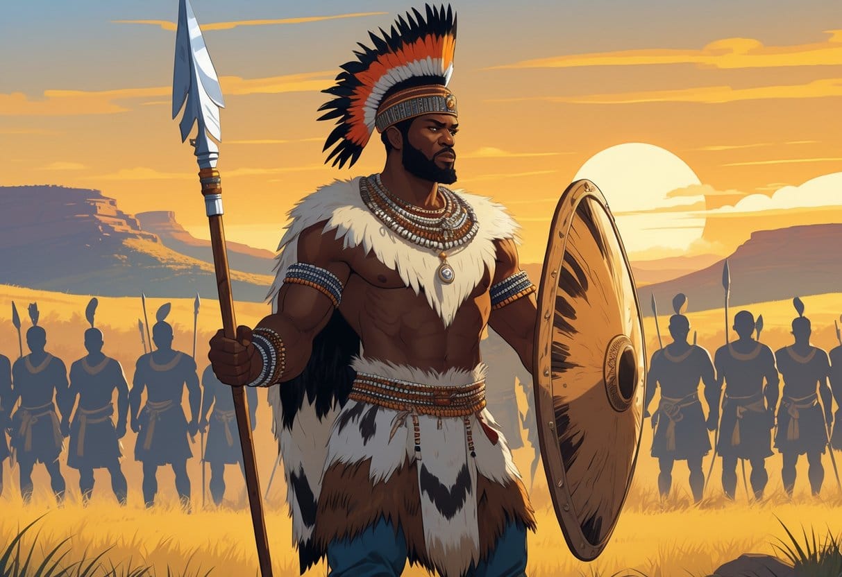 Shaka Zulu standing with spear and shield overlooking a landscape with Zulu warriors in the background.