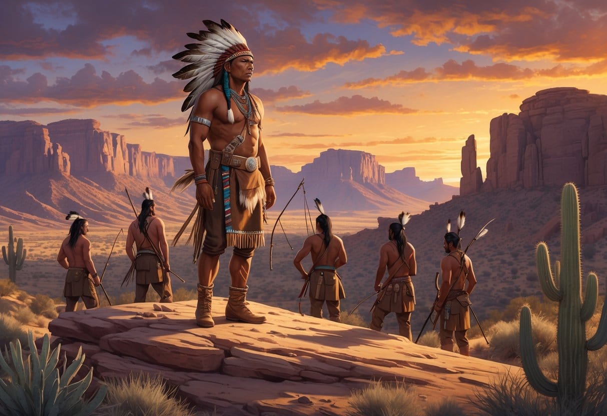 Geronimo and Apache warriors stand on a rocky hill overlooking a desert landscape at sunset, prepared for battle.