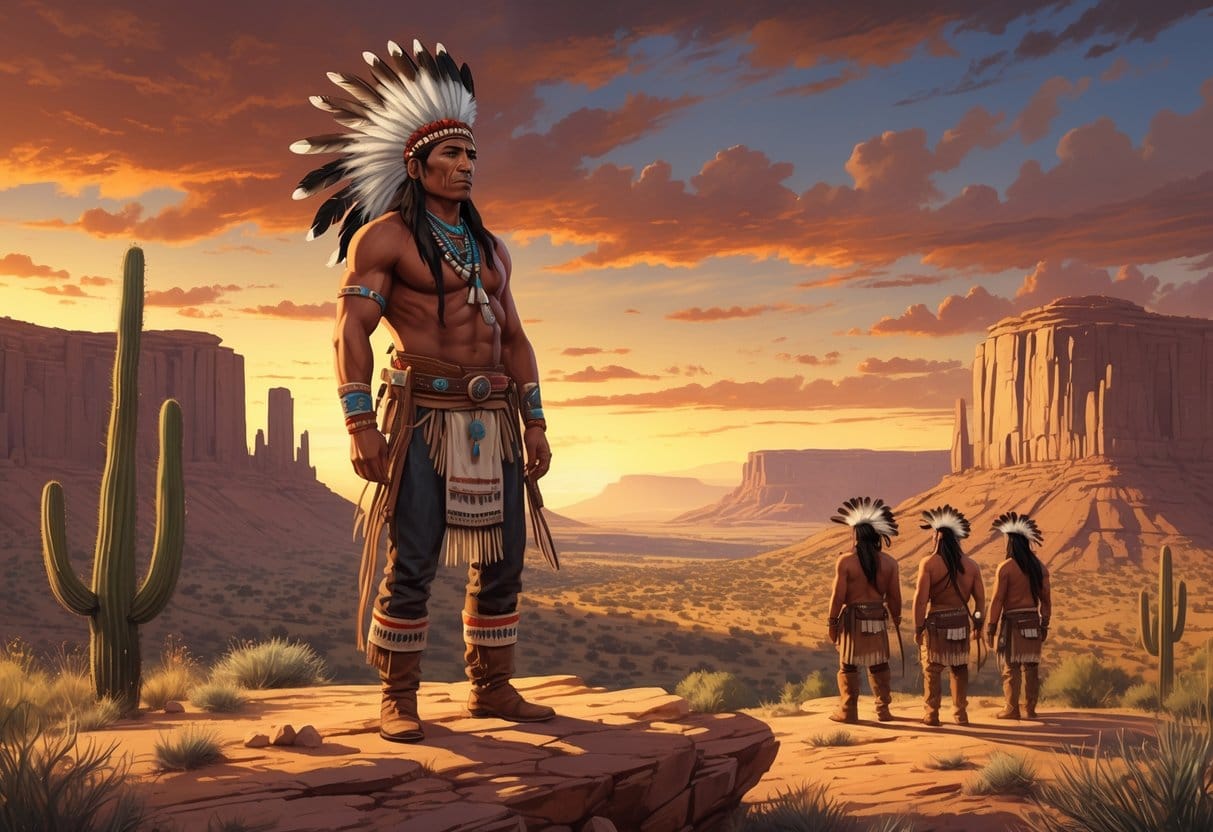 Geronimo and Apache warriors standing on a rocky hill overlooking a desert landscape with mesas and mountains at sunset.